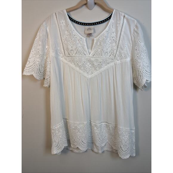 Knox Tops - Knox Rose XL White Eyelet Boho Peasant Tunic Top Short Sleeve Eyelet Embroidery